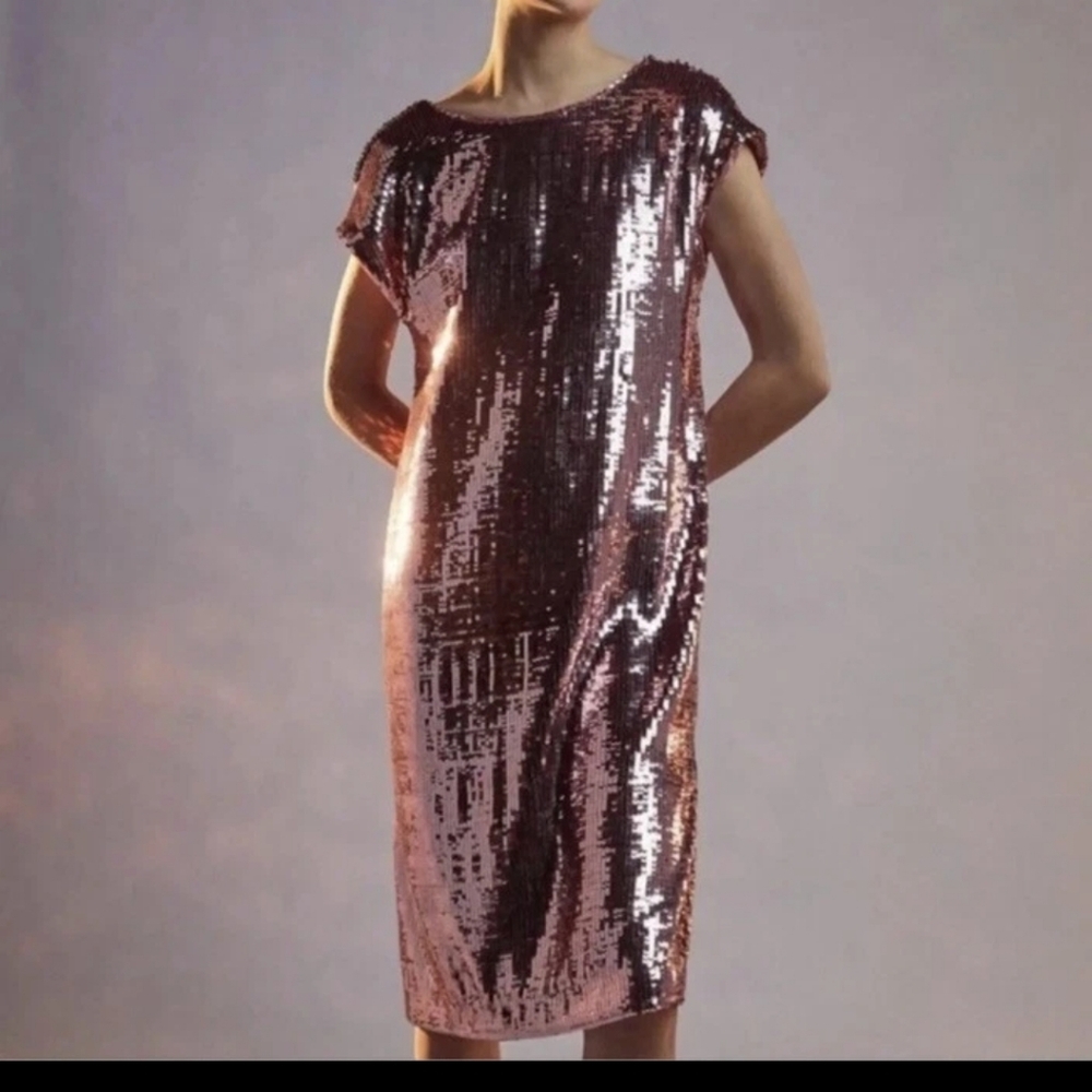 Maeve Rose Gold Sequin Midi Dress